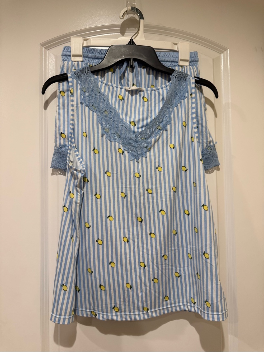 Sunday Blue & White Striped Lemon-Print Lace Trim Tank Top & Shorts Pajamas